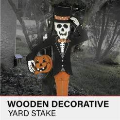 46" Skeleton Holding Pumpkin Yard Stake - Black