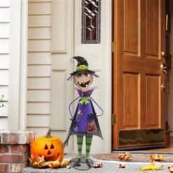 42" Iron Witch Holding A Jack-O-Lantern