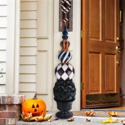 HHF 50" Resin Ball Finial In Black Pedestal Urn - Black, Orange